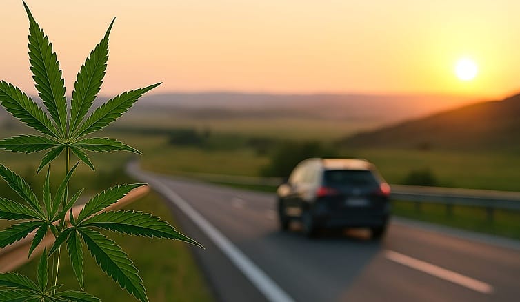 A cannabis leaf in the foreground with a car driving on a road at sunset in the background